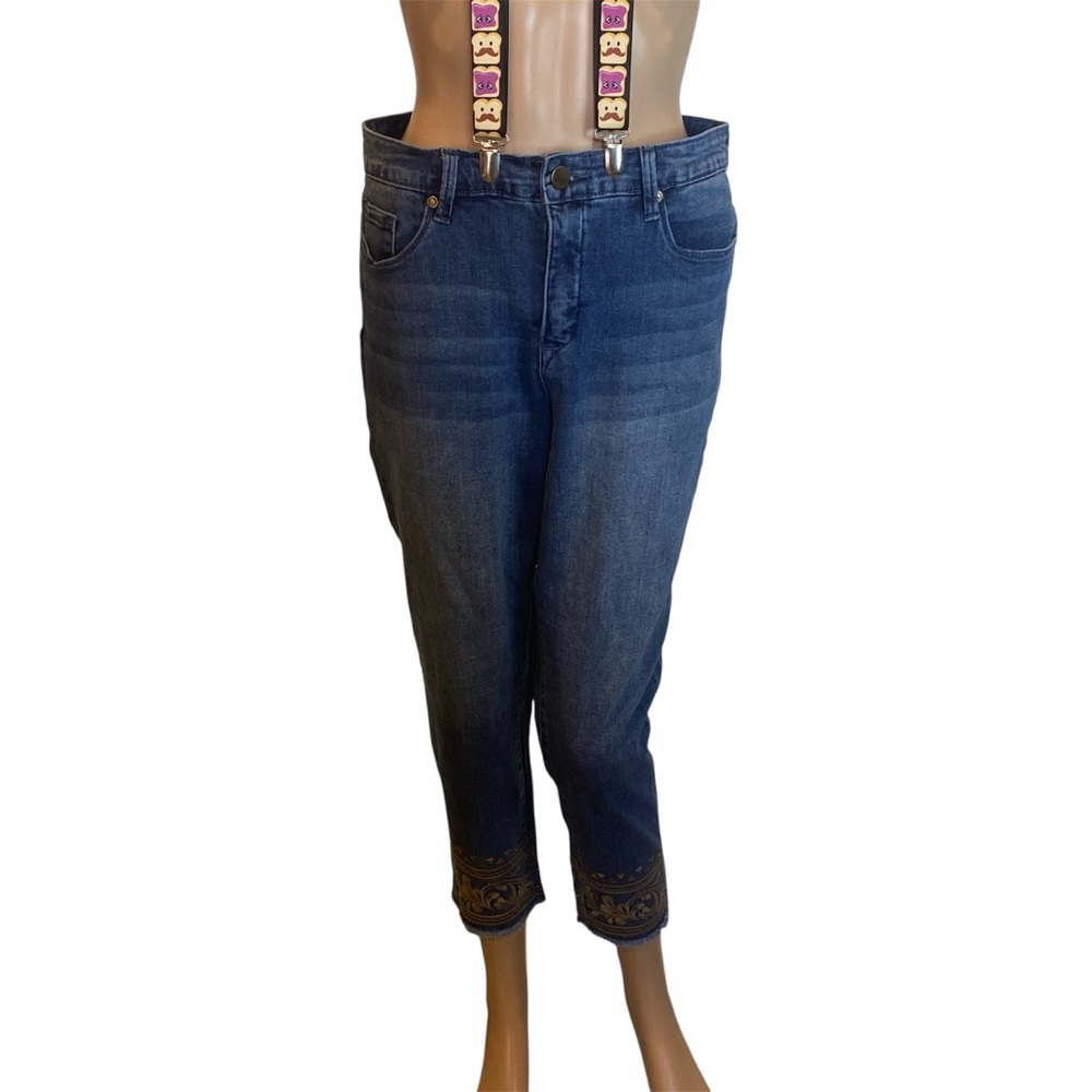 Anne Klein Leo Skinny Frayed Ankle Jeans Stretchy Embellished Calves Size 10 EUC